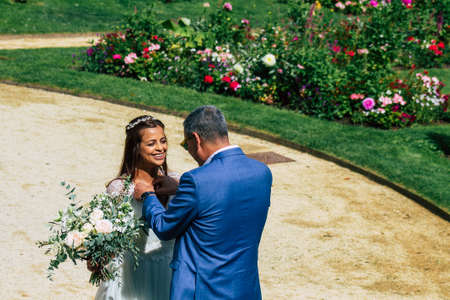 Reims France August 29, 2020 View of unidentified couple participating in a republican wedding according to the French tradition which takes place at Epernay town hall, a city of Champagne in Franceのeditorial素材