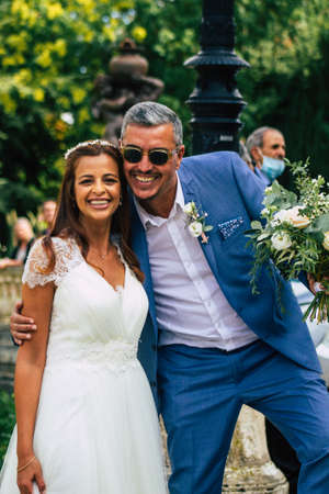 Reims France August 29, 2020 View of unidentified couple participating in a republican wedding according to the French tradition which takes place at Epernay town hall, a city of Champagne in Franceのeditorial素材