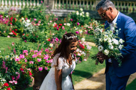 Reims France August 29, 2020 View of unidentified couple participating in a republican wedding according to the French tradition which takes place at Epernay town hall, a city of Champagne in Franceのeditorial素材