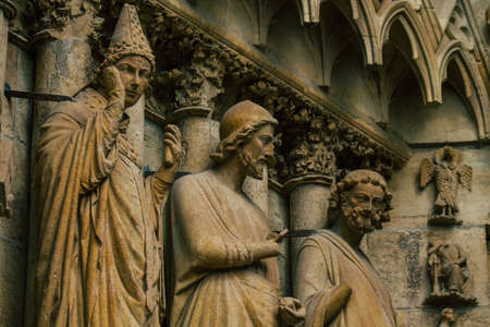 Reims France September 04, 2020 View of the exterior facade of the Roman Catholic Notre Dame de Reims Cathedral, a historical monument in the Grand Est region of France and one of the oldest in Europeのeditorial素材