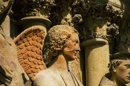 Reims France September 04, 2020 View of the exterior facade of the Roman Catholic Notre Dame de Reims Cathedral, a historical monument in the Grand Est region of France and one of the oldest in Europeのeditorial素材
