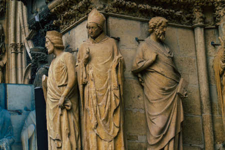 Reims France September 04, 2020 View of the exterior facade of the Roman Catholic Notre Dame de Reims Cathedral, a historical monument in the Grand Est region of France and one of the oldest in Europeのeditorial素材
