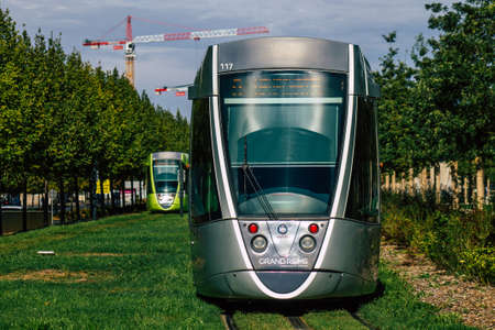 Reims France September 04, 2020 View of a modern electric tram for passengers driving through the streets and part of the public transport system of Reims, a city in the Grand Est region of Franceのeditorial素材