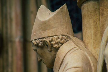 Reims France September 04, 2020 View of the exterior facade of the Roman Catholic Notre Dame de Reims Cathedral, a historical monument in the Grand Est region of France and one of the oldest in Europeのeditorial素材