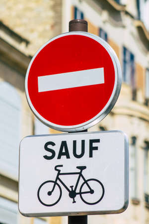 Reims France September 04, 2020 View of street sign or road sign, erected at the side of or above roads to provide information to road user in the downtown area of Reimsのeditorial素材