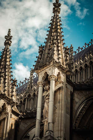 Reims France September 04, 2020 View of the exterior facade of the Roman Catholic Notre Dame de Reims Cathedral, a historical monument in the Grand Est region of France and one of the oldest in Europeのeditorial素材