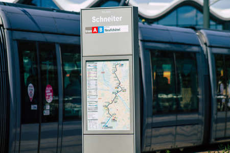 Reims France September 04, 2020 View of a modern electric tram for passengers driving through the streets and part of the public transport system of Reims, a city in the Grand Est region of Franceのeditorial素材