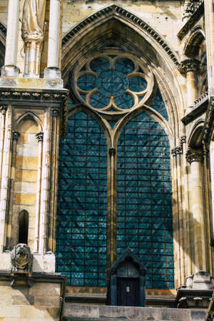 Reims France September 04, 2020 View of the exterior facade of the Roman Catholic Notre Dame de Reims Cathedral, a historical monument in the Grand Est region of France and one of the oldest in Europeのeditorial素材