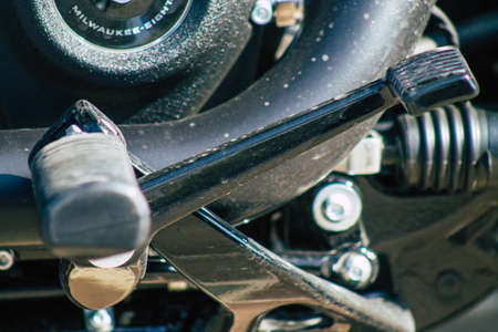Reims France September 12, 2020 Closeup of a Classic 107 Harley Davidson motorcycle parked in the historical streets of Reims, a city in the Grand Est region of Franceのeditorial素材