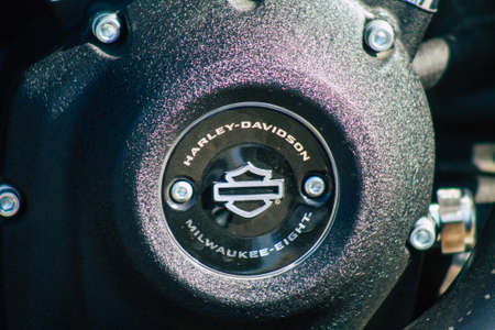 Reims France September 12, 2020 Closeup of a Classic 107 Harley Davidson motorcycle parked in the...
