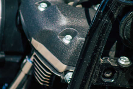 Reims France September 12, 2020 Closeup of a Classic 107 Harley Davidson motorcycle parked in the...