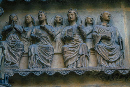 Reims France September 12, 2020 View of the exterior facade of the Roman Catholic Notre Dame de Reims Cathedral, a historical monument in the Grand Est region of France and one of the oldest in Europeのeditorial素材