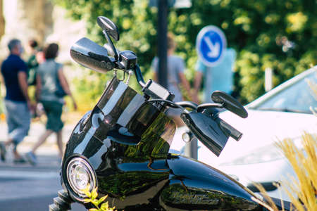 Reims France September 12, 2020 Closeup of a Classic 107 Harley Davidson motorcycle parked in the...