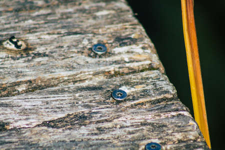 Closeup of a rustic wooden bridge spanning a pond in the french countryside in the fallの写真素材