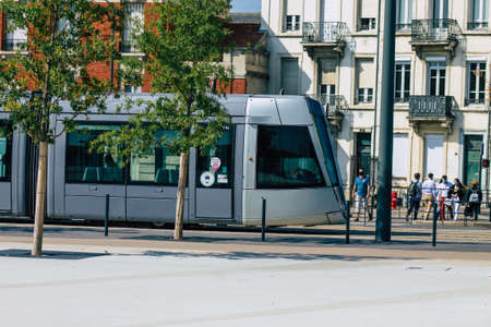 Reims France September 12, 2020 View of a modern electric tram for passengers driving through the...