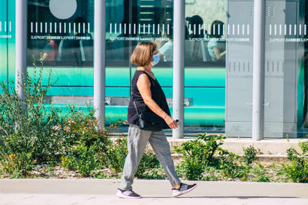 Reims France September 12, 2020 View of unidentified pedestrians with a face mask to protect...