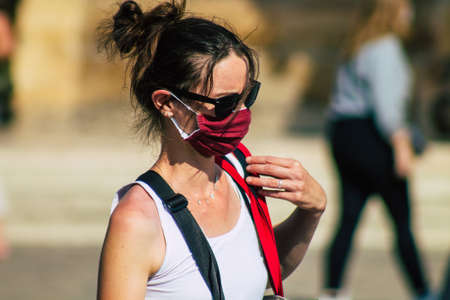 Reims France September 12, 2020 View of unidentified pedestrians with a face mask to protect...