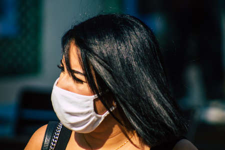 Reims France September 12, 2020 View of unidentified pedestrians with a face mask to protect...