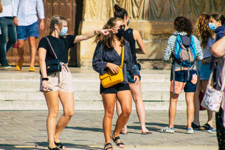 Reims France September 12, 2020 View of unidentified tourists visiting and walking in the streets of...