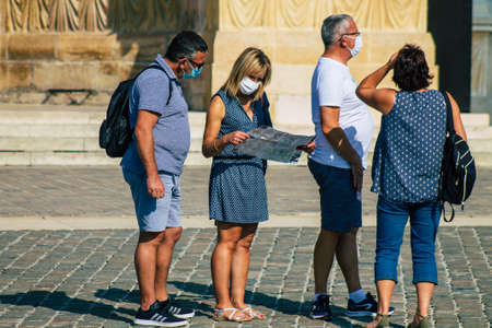 Reims France September 12, 2020 View of unidentified tourists visiting and walking in the streets of Reims despite the Coronavirus pandemic affecting Franceのeditorial素材