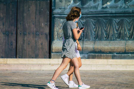 Reims France September 12, 2020 View of unidentified tourists visiting and walking in the streets of...