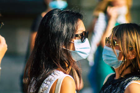 Reims France September 12, 2020 View of unidentified tourists visiting and walking in the streets of...