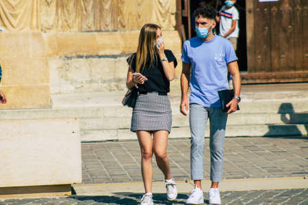 Reims France September 12, 2020 View of unidentified tourists visiting and walking in the streets of Reims despite the Coronavirus pandemic affecting Franceのeditorial素材