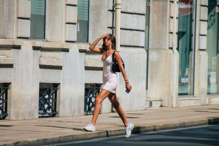 Reims France September 12, 2020 View of unidentified tourists visiting and walking in the streets of Reims despite the Coronavirus pandemic affecting Franceのeditorial素材