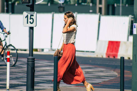 Reims France September 12, 2020 View of unidentified tourists visiting and walking in the streets of...