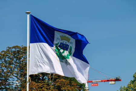 Reims France September 12, 2020 View of a French flag in the downtown area of Reims, a city in the...