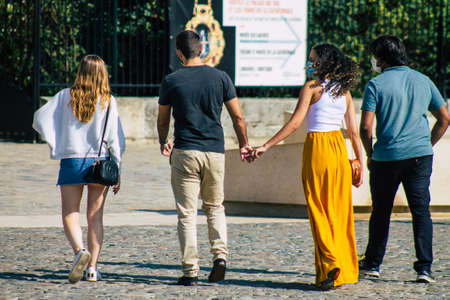 Reims France September 12, 2020 View of unidentified tourists visiting and walking in the streets of...
