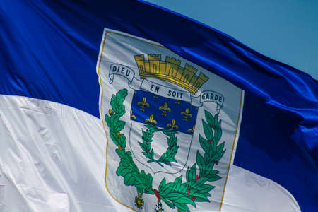 Reims France September 12, 2020 View of a French flag in the downtown area of Reims, a city in the...