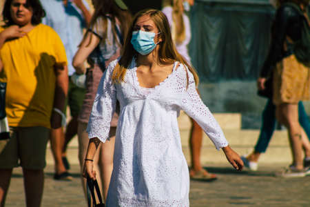 Reims France September 12, 2020 View of unidentified tourists visiting and walking in the streets of Reims despite the Coronavirus pandemic affecting Franceのeditorial素材