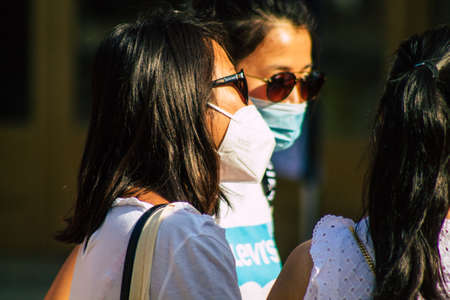 Reims France September 12, 2020 View of unidentified tourists visiting and walking in the streets of Reims despite the Coronavirus pandemic affecting Franceのeditorial素材