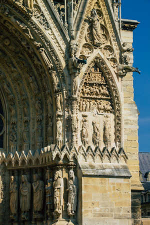 Reims France September 15, 2020 View of the exterior facade of the Roman Catholic Notre Dame de Reims Cathedral, a historical monument in the Grand Est region of France and one of the oldest in Europeのeditorial素材