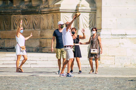 Reims France September 15, 2020 View of unidentified tourists visiting and walking in the streets of Reims despite the Coronavirus pandemic affecting Franceのeditorial素材
