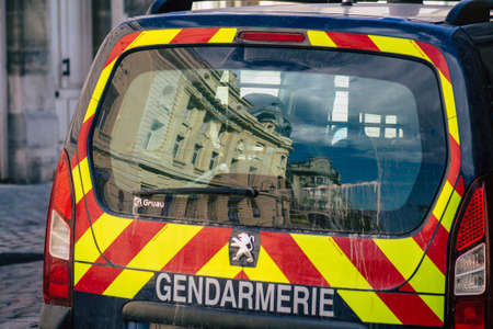 Reims France September 15, 2020 View of a traditional French police car parked in the historical streets of Reims, a city in the Grand Est region of France and one of the oldest in Europeのeditorial素材