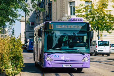 Reims France September 15, 2020 View of a traditional city bus for passengers driving through the streets and part of the public transport system of Reims, a city in the Grand Est region of Franceのeditorial素材
