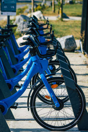 Reims France September 18, 2020 View of accessible bicycles to hire for short periods of time, usually for a few hours parked in the historical street and part of the public transport system of Reimsのeditorial素材