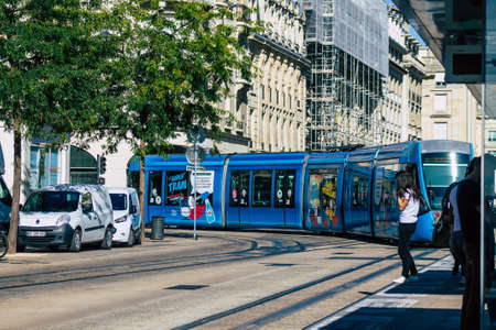 Reims France September 21, 2020 View of a modern electric tram for passengers driving through the streets and part of the public transport system of Reims, a city in the Grand Est region of Franceのeditorial素材
