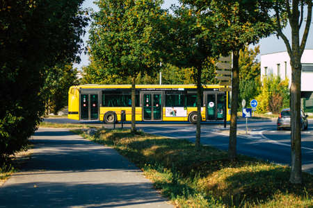 Reims France September 21, 2020 View of a traditional city bus for passengers driving through the...