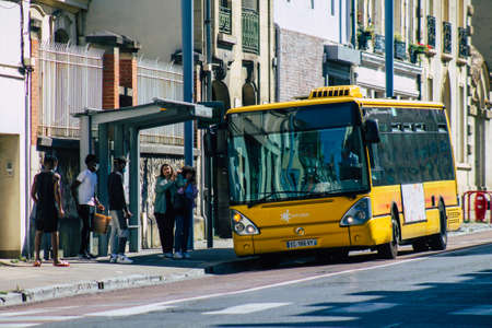 Reims France September 21, 2020 View of a traditional city bus for passengers driving through the...
