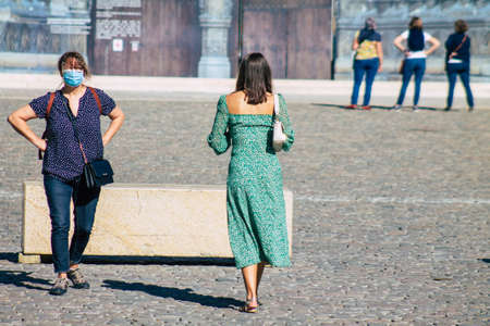 Reims France September 21, 2020 View of unidentified tourists visiting and walking in the streets of Reims despite the Coronavirus pandemic affecting Franceのeditorial素材