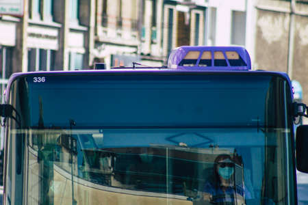 Reims France September 21, 2020 View of a traditional city bus for passengers driving through the streets and part of the public transport system of Reims, a city in the Grand Estのeditorial素材