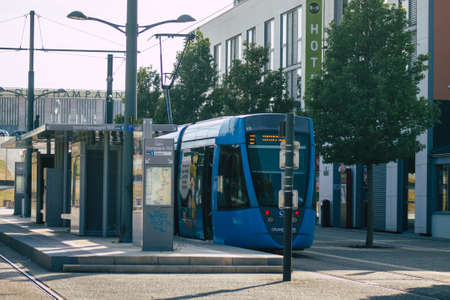 Reims France September 21, 2020 View of a modern electric tram for passengers driving through the...