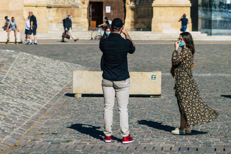 Reims France September 21, 2020 View of unidentified tourists visiting and walking in the streets of Reims despite the Coronavirus pandemic affecting Franceのeditorial素材