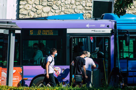 Reims France September 21, 2020 View of a traditional city bus for passengers driving through the streets and part of the public transport system of Reims, a city in the Grand Estのeditorial素材