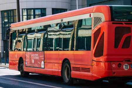 Reims France September 21, 2020 View of a traditional city bus for passengers driving through the...