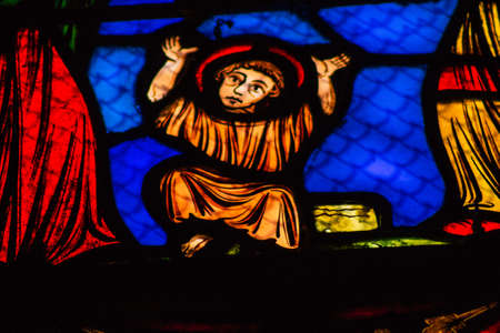 Reims France September 21, 2020 View of stained glass windows inside the Basilica of Saint-Remi, a...