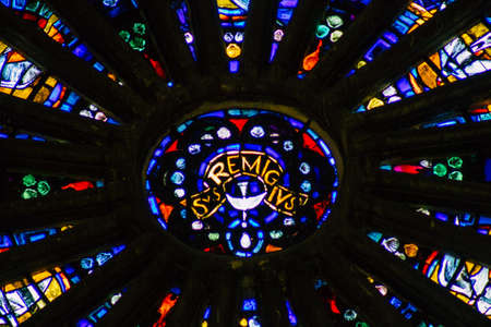 Reims France September 21, 2020 View of stained glass windows inside the Basilica of Saint-Remi, a medieval abbey church in Reims, a historical monument in the Grand Est region of Franceのeditorial素材